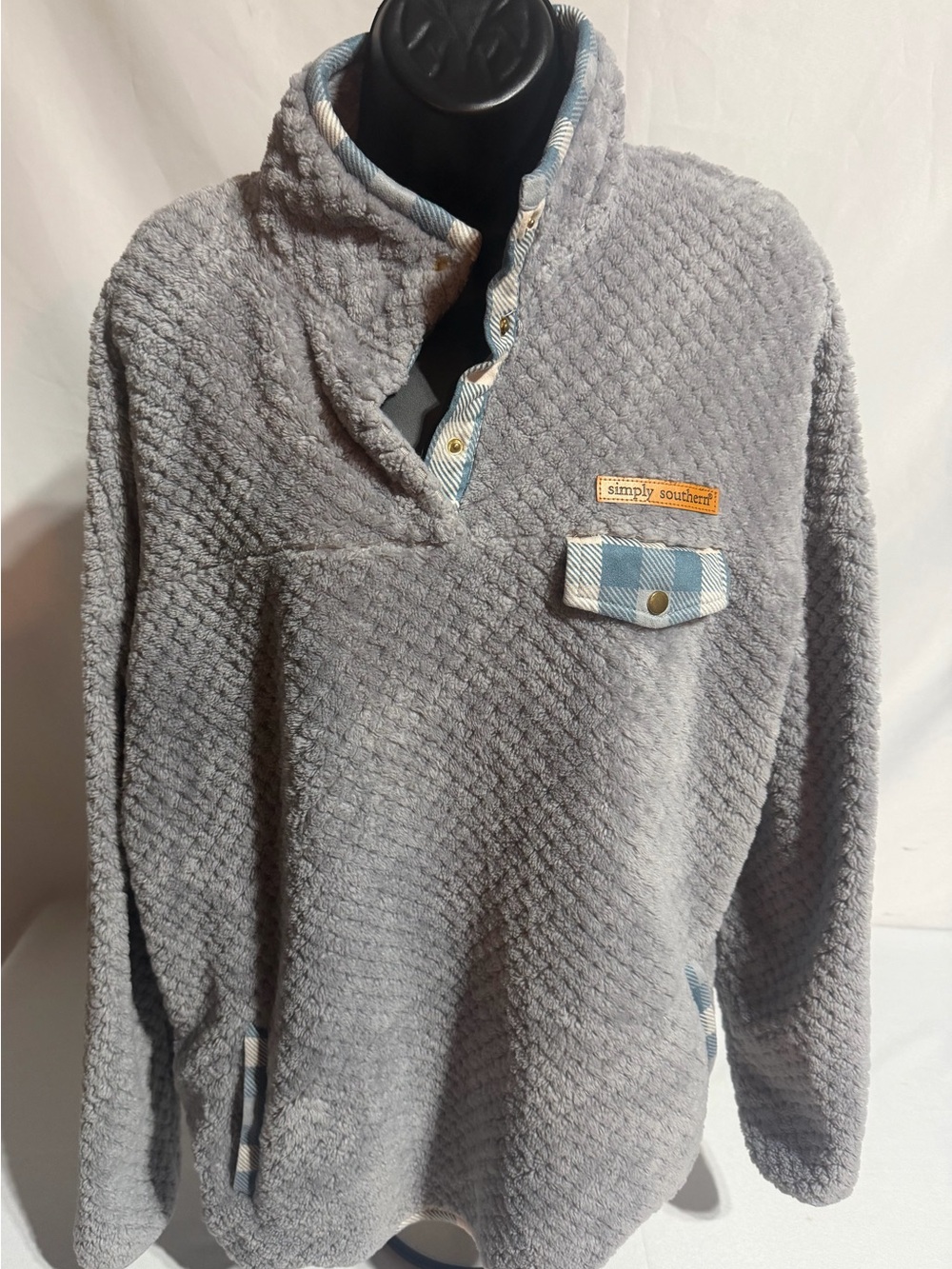 Simply Southern XXL Gray Sherpa Pullover Jacket - Cozy Plaid Trim